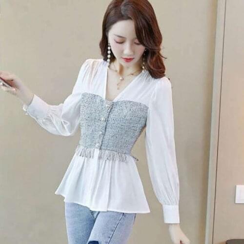 Women Spring Autumn Style Blouses Shirts Lady Casual Long Lantern Sleeve V-Neck Slim waist Ruffles Blusas Tops DD8884