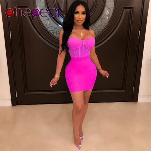 PinePear Rose Red Mesh Chain Straps Push Up Bodysuit Hollow Out Mini Dress Women Two Piece Set Sexy Club Wear 2020 Drop Shipping