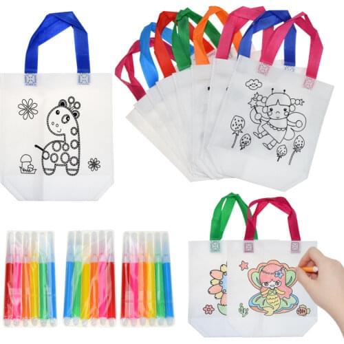 6/12 Sets DIY Graffiti Bag with Markers Handmade Painting Non-Woven Bag for Children Arts Crafts Color Filling Drawing Toy