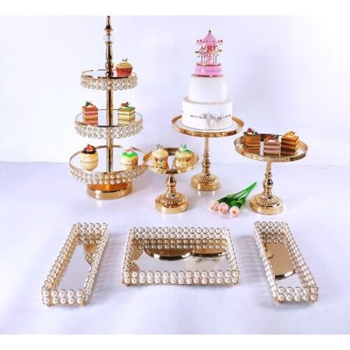 7pcs Cake Stand Set Beautiful Tray 3 Tier Gold Cupcake Dessert Display Decoration Tools Wedding Acrylic Mirror