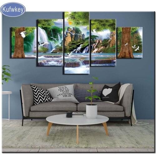 5D DIY diamond painting 5 pieces mountain waterfall landscape square round,Cross stitch embroidery multi picture Home Decor Gift