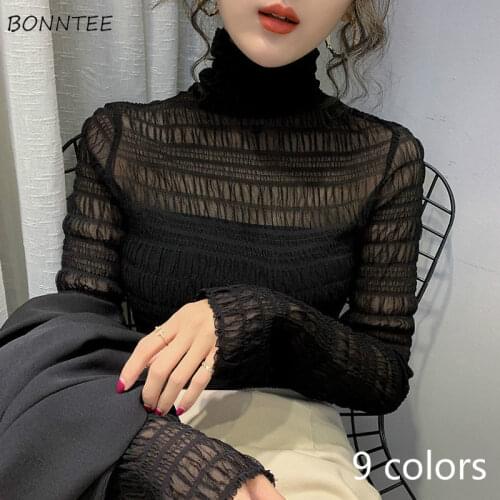 Blouses Women Spring Lace Hollow Out All-match Turtleneck Pure Oversized Korean Style Fresh Color Sexy Design Feminino Clothing