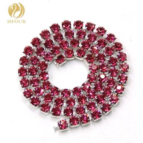 New 5yard/pack High quality Sliver base Rose Red glass crystal Rhinestones Cup Chain DIY clothing/Wedding dress Accessories