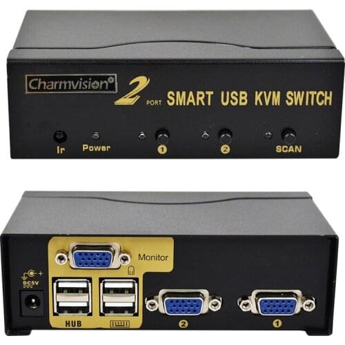 Charmvision UK201R 2 Posts PC hosts Input 4 USB2.0 HUB Output KVM Switch with Remote Control original cable Mini Auto switcher