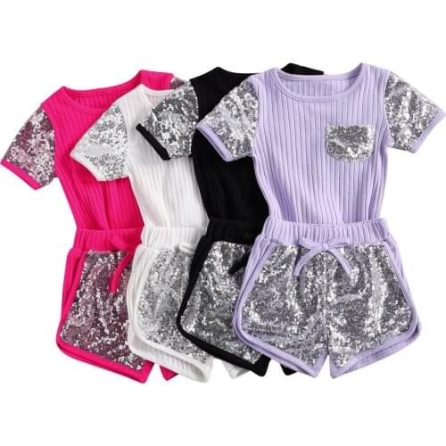 Citgeett Summer Kids Baby Girls Two-Piece Set Sequins Thick Short Sleeve Shirt Shorts Suit Set Clothes