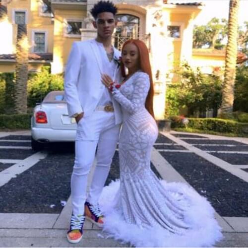 Long Elegant Lce Flowers Feathers Prom Dresses Sexy Mermaid V-neck Long Sleeve Sequin Customed Made Evening Gown