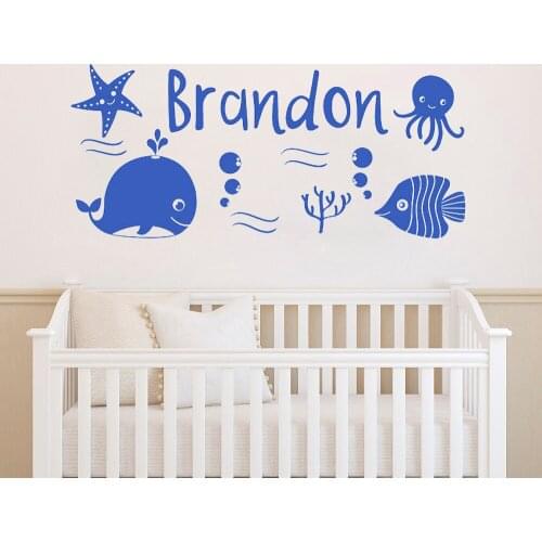 Personalized Boys Name Nautical Sea Whale Fish Nursery Wall Decal Sea Theme Wall Sticker for kids Room Decor Art Wall Mural WJ-3