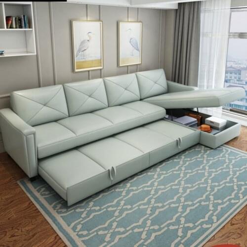 Leather sofa bed, multifunctional double three person small apartment, foldable dual purpose chaise corner storage light luxury
