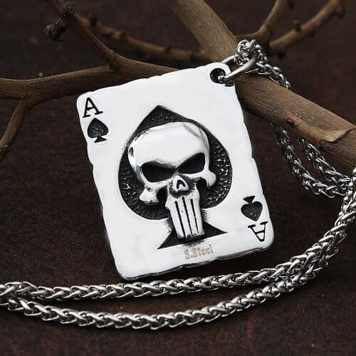 Punk Hip Hop Street Style Spades A Pendant and Necklace Fashion Stainless Steel Playing Card Gothic Skull Necklace Mens Chain