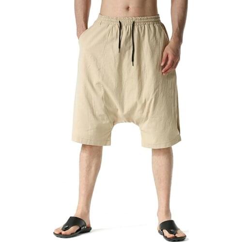 Summer Baggy Shorts Solid Color Drop Crotch Men Mid Rise Drawstring Multi-pockets Short Pants for Home Joggers Harem Pants 2021