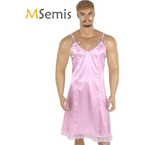 Mens Adults Lingerie Sissy Fancy Vintage Slip Dress Smooth Satin Adjustable Spaghetti Shoulder Straps V-neckline Low Back Dress