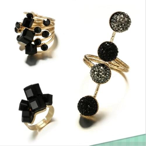 Bohemia Punk Antique Black Crystal Stone Opening Rings Set For Women Men Adjustable Gothic Statement Party Jewelry Wholesale
