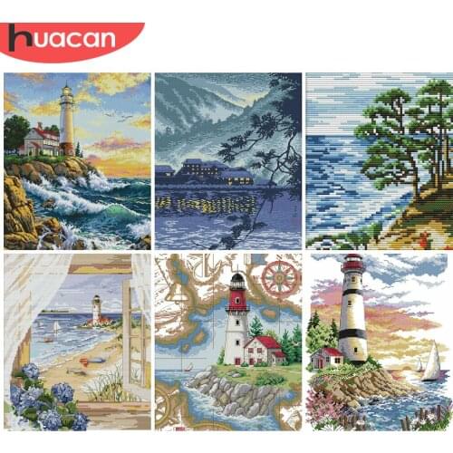 HUACAN Embroidery Seascape 11CT 14CT DIY Gift Sets Cross Stitch Tower White Canvas Kits Home Decoration Needlework