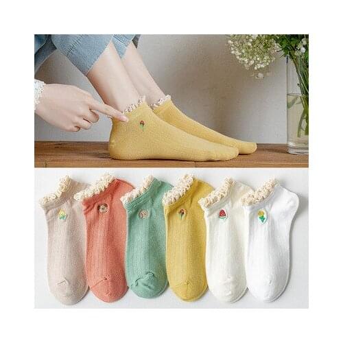 10 Pairs Pack Women Ankle Socks Garden Floral Ruffle Embroidery Flowers Lovely Girls Low Cut Socks Female Set Multi Colors