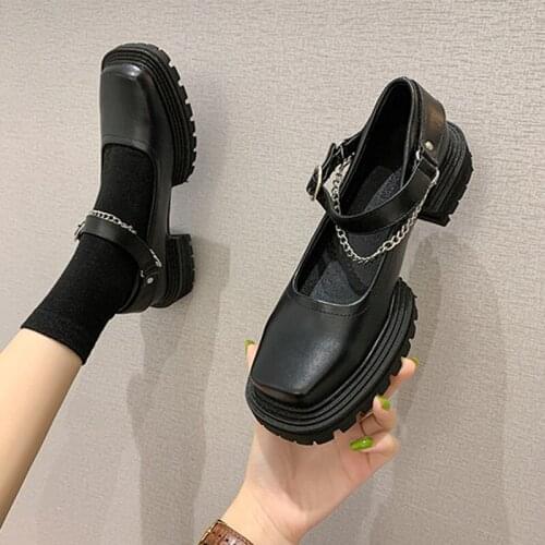 New Fashion Lolita Square Toe Shoes Student Girl JK Shoes Chain Monk Straps Block Heels Mary Janes Flats Flatform Shoes