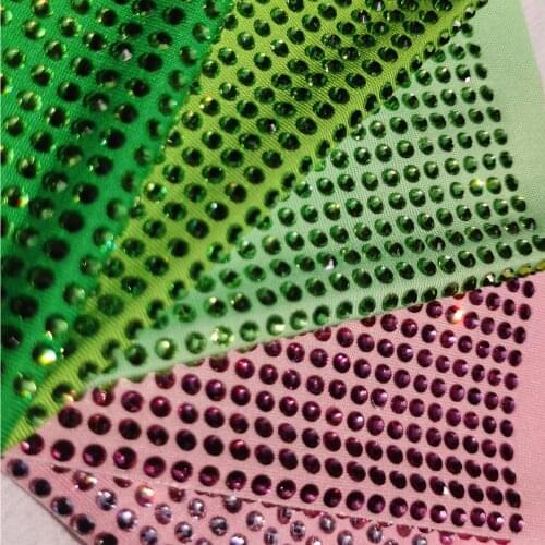 Hot Fix High Quality Rose Pink Crystal Rhinestone Polyester Spandex Elastic Stretch Fabric Golden Milk Silk