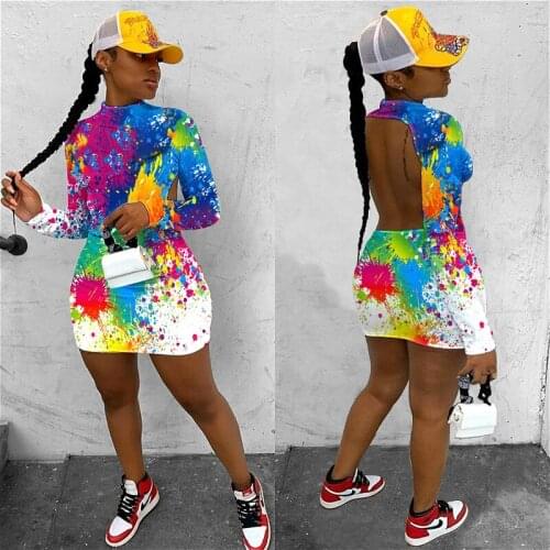 Autumn Backless Print Style Women Dress Club Party Streetwear Fall Long Sleeve O-neck Bodycon High Waist Pencil Dress Full