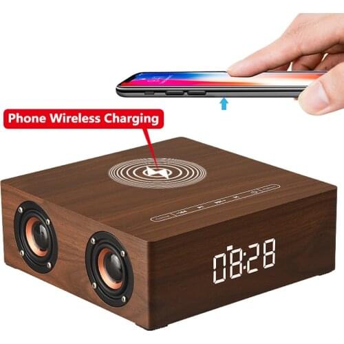 Q5A Retro Wood Multi-Function Bluetooth Speaker Alarm Clock Wireless Charger Column Subwoofer Music Center Surround Sound AUX TF