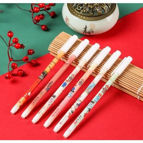 6pc Cute Retro Crane Gel Pen Cartoon Black Ink Signature Pen Student Exam Water Pen Ballpoint Office School Supplies Stationery