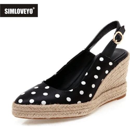 SIMLOVEYO 2021 Spring Polka Dot Silk Sandals Slingbacks Buckle Strap Rattan Wedges Pointed Toe 8cm Size 32-44 Black White A4174