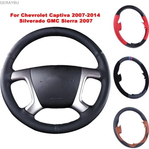 GERAYBU Custom DIY Black Leather Hand-sewn Car Steering Wheel Cover For Chevrolet Captiva 2007-2014 Silverado GMC Sierra 2007