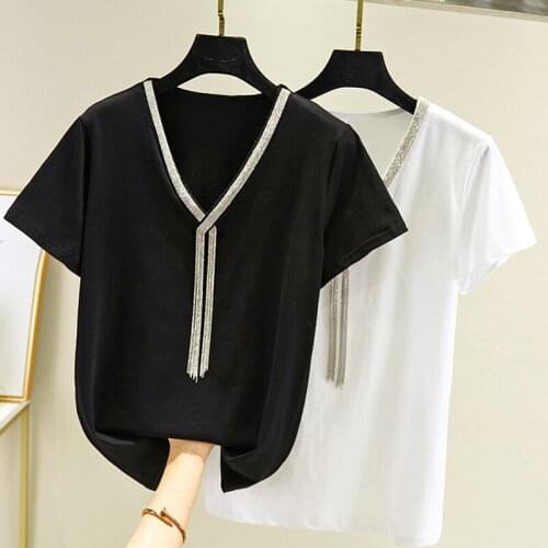 Loose T Shirt Women Cotton Summer Tops Camisas Mujer 2020 T-Shirt Female Short Sleeve Woman Clothes Solid V-neck Tee Shirt Femme