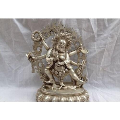 USPS to USA S1538 11" Tibet Silver Buddhism Set 6 Arms Mahakala Buddha Bronze Statue Sculpture