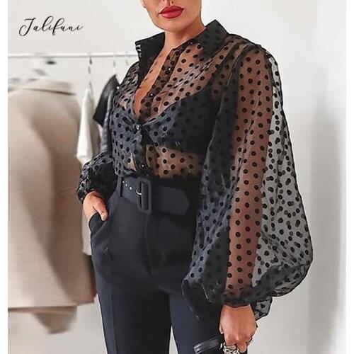 Spring Elegant Polka Dot Casual Blouse Women 2020 Puff Sleeve Turn-down Collar See Through Loose Buttons Shirt Vintage Top Mujer