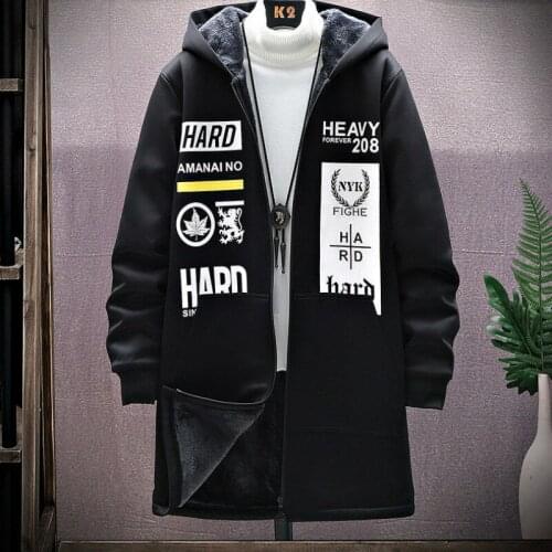 JUNSRM Mid-length Windbreaker Mens Autumn and Winter Jacket Trend Handsome Loose Large Size Plus Velvet Coat