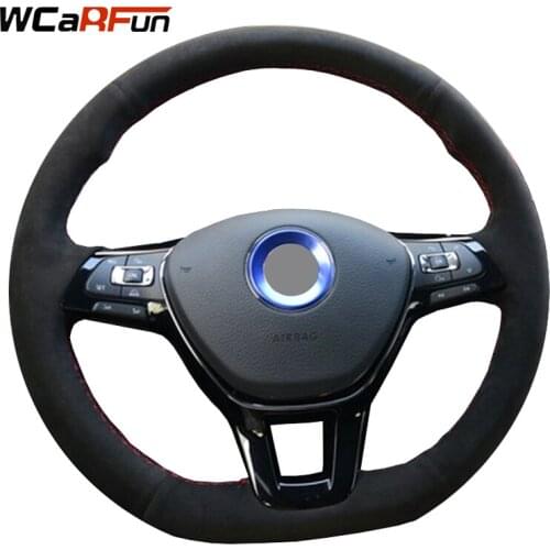 WCaRFun Hand-stitched Black Suede Steering-Wheel Cover for steering wheel for Volkswagen VW Golf 7 Passat B8 Mk7 New Polo Jetta