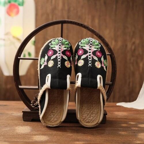 YourSeason Vintage Bohemian Ladies Linen Canvas Embroidered Flat Mules Summer Women Comfort Close Toe Shoes Espadrilles Slippers