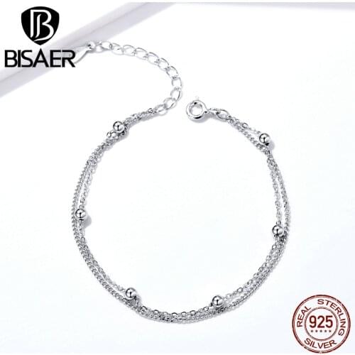 BISAER Chain Bracelet 925 Sterling Silver Little Beads Double Layers Chain Link Women Bracelets Luxury Silver Jewelry ECB131