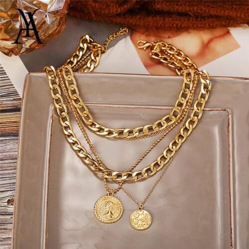 Bohemian Gold Color Portrait Coin Pendant Necklace Fashion Multi Layered Thick Chain Necklaces for Women Punk Statement Jewelry