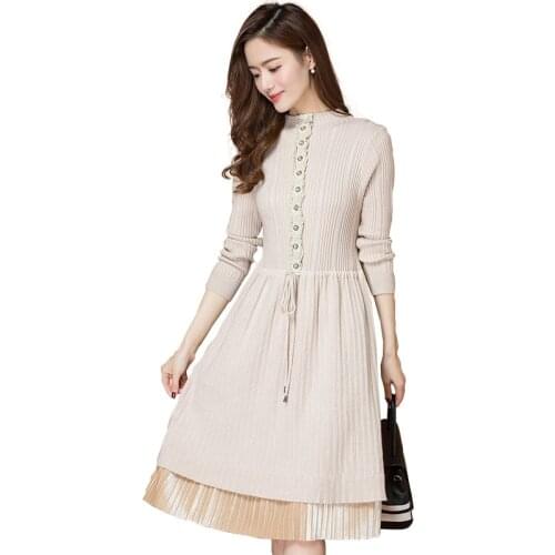 Sweater Dress Women 2019 Autumn Fall Temperament Lady Long Sleeve Drawstring Lace Knee Length Pleated Turtleneck Knitting Dress