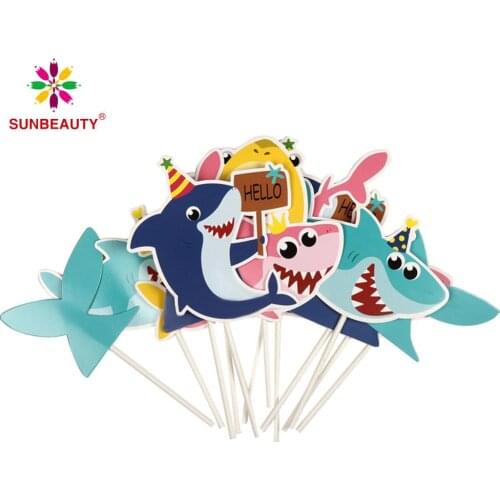 12pcs Cartoon Shark Cupcake Topper Kit Kids Boy Birthday Party Decorations Baby Shower Cute Cartoon Shark Cake Decorations
