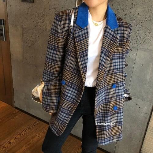 2021 Spring autumn Vintage Womens Blazers Blue Plaid Coats New Patchwork Hit colors Wild Lady Tops Outwear