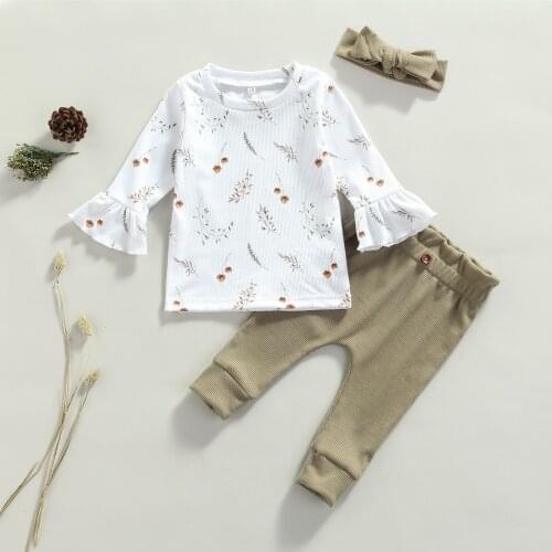 3Pcs Newborn Baby Casual Long Sleeve Outfits Toddler Plant Print Cotton Casual Ribbed Pullover Tops+rousers+Headband Costume