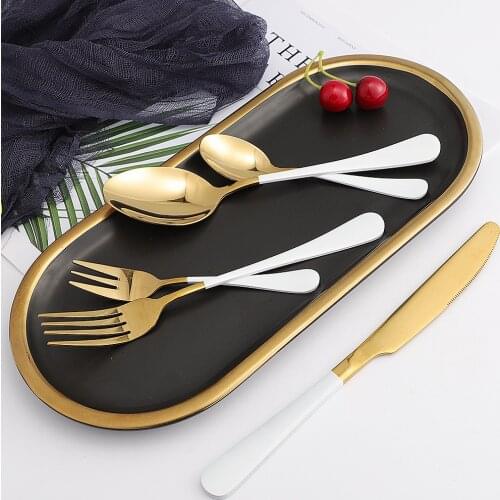 5Pcs Glossy White Gold Stainless Steel Cutlery Tableware Set Dinnerware Flatware Set Dinner Forks Knives Spoons Set Silverware