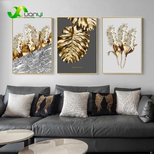 Abstract Golden Leaf Flower Wall Art Canvas Painting Black White Nordic Poster And Print Wall Picture For Living Room Decor