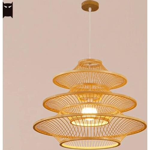 Bamboo Wicker Braided Tower Pendant Light Fixture New Chinese Japanese Style Hang Lamp Villa Salon Restaurant Dining Table Room