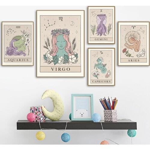 Bohemian Zodiac Art Posters and Prints Canvas Painting Tarot Cards Inspired Astrology Virgo Aquarius Gemini Witch Pictures Decor