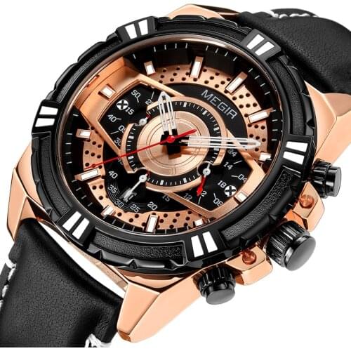 Relogio Masculino MEGIR New Sport Chronograph Mens Watches Top Brand Luxury Leather Quartz Clock Waterproof Big Dial Watch Men