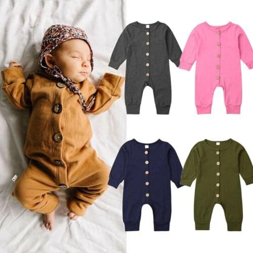 0-24months Newborn Baby Clothes 2019 Autumn New Baby Boys Rompers Solid Long Sleeve Button Baby Girls Jumpsuits Toddler Playsuit