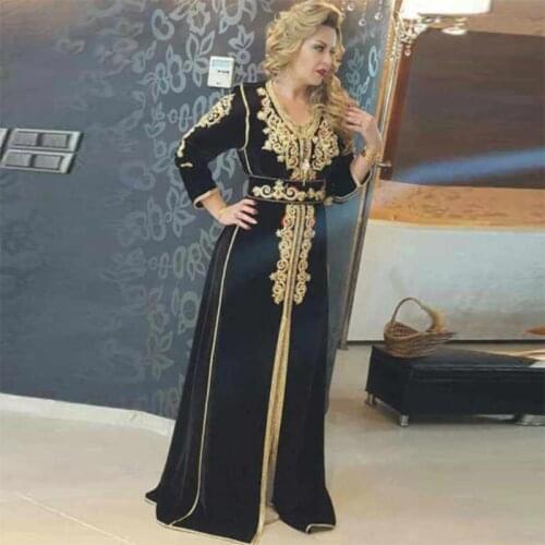 Graceful Black Long Moroccan Kaftan Evening Dress Custom Made V Neck Velvet Lace Appliques Gown Arabia Muslim Prom Party Dresses