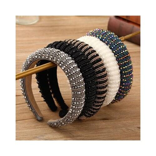 Korea Fashion Simple Crystals-Inlaid Sponge Rhinestone Headband Wide-Brimmed handmade beaded temperament head buckle Jewelry