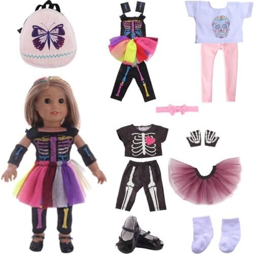 Doll Baby Clothes For Baby New Born Four-Piece Skull Skirt & Butterfly Bags For 18 Inch&43 Cm Accessories For Girl Toy Gift