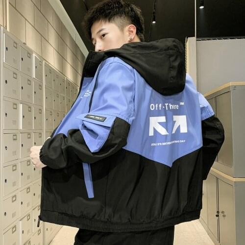 Mens hooded jacket 2021 new spring autumn loose student handsome trend tooling men coat fashion popular sporting top blue khaki