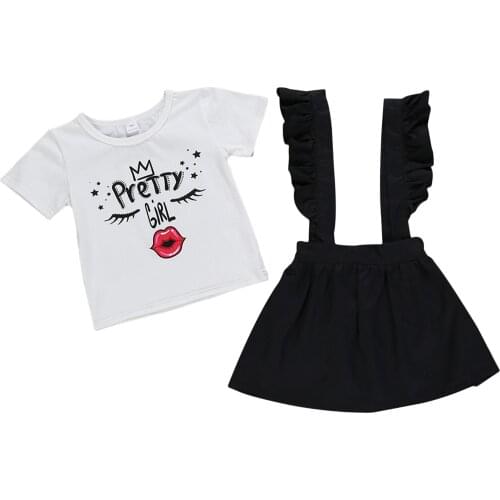 2Pcs Baby Girls Summer Outfits Short Sleeve Cartoon Letter Print T-Shirt + Suspender Skirt Set