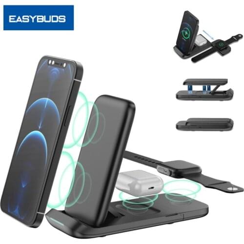 EASYBUDS 3 in 1 Foldable Fast Wireless Charger Stand For iPhone AirPods Apple Watch Magnetic Charging Dock Station for Samsung