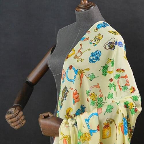 Mini cartoon print yellow pure silk crepe de chine fabric soft for summer dress,SCDC1387